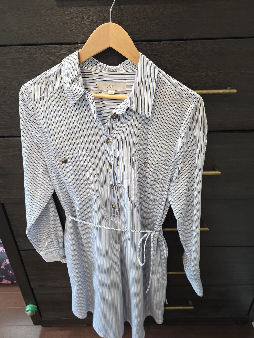 LOFT Light Blue & White Striped Tie-Waist Shirt Dress